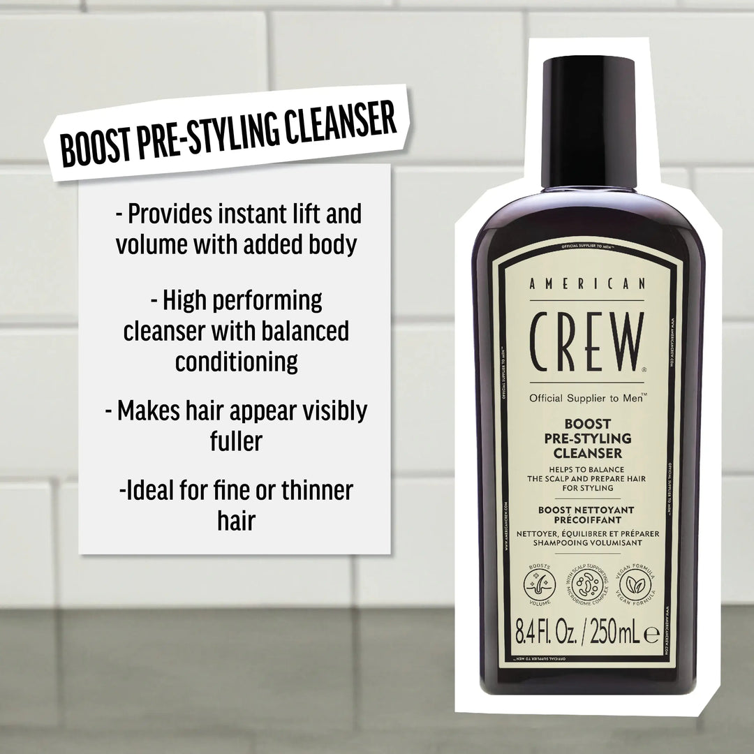 Benefits List of Boost Pre-Styling Cleanser Shampoo. (1) Provides instant lift and volume with added body, (2) high performing cleanser with balanced conditioning, (3) makes hair appear visibly fuller, and (4) ideal for fine or thinning hair.