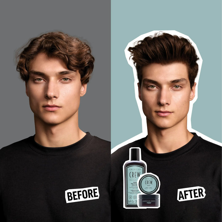 Before and After Model Look with Fiber Pre-Styling Shampoo