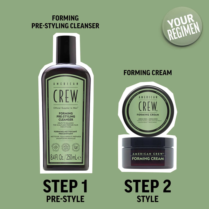 Styling Regimen for Forming Cream Pre Styler Cleanser Shampoo. Step 1: Pre-Style with Forming Cream Pre Styler Cleanser Shampoo. Step 2: Style with Forming Cream. 